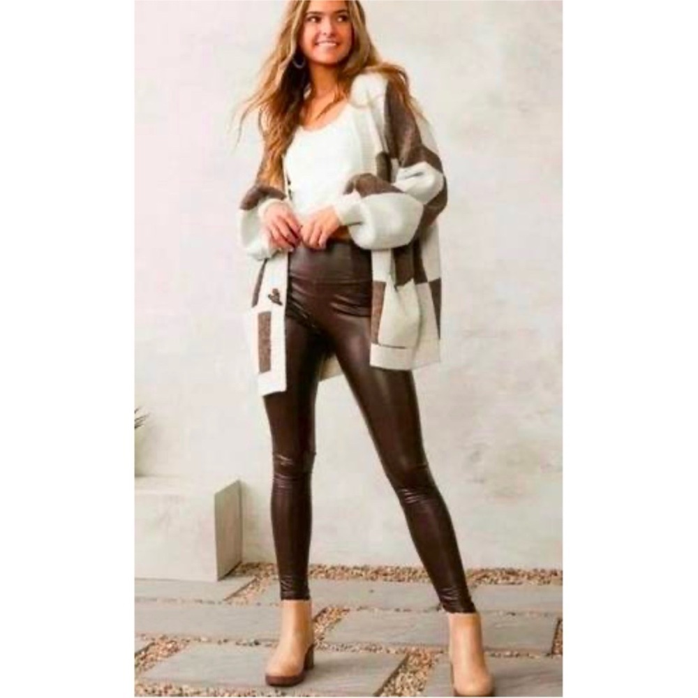 JOIE Brown Faux Patent Leather High Rise Pull On Leggings Womans Size Large
